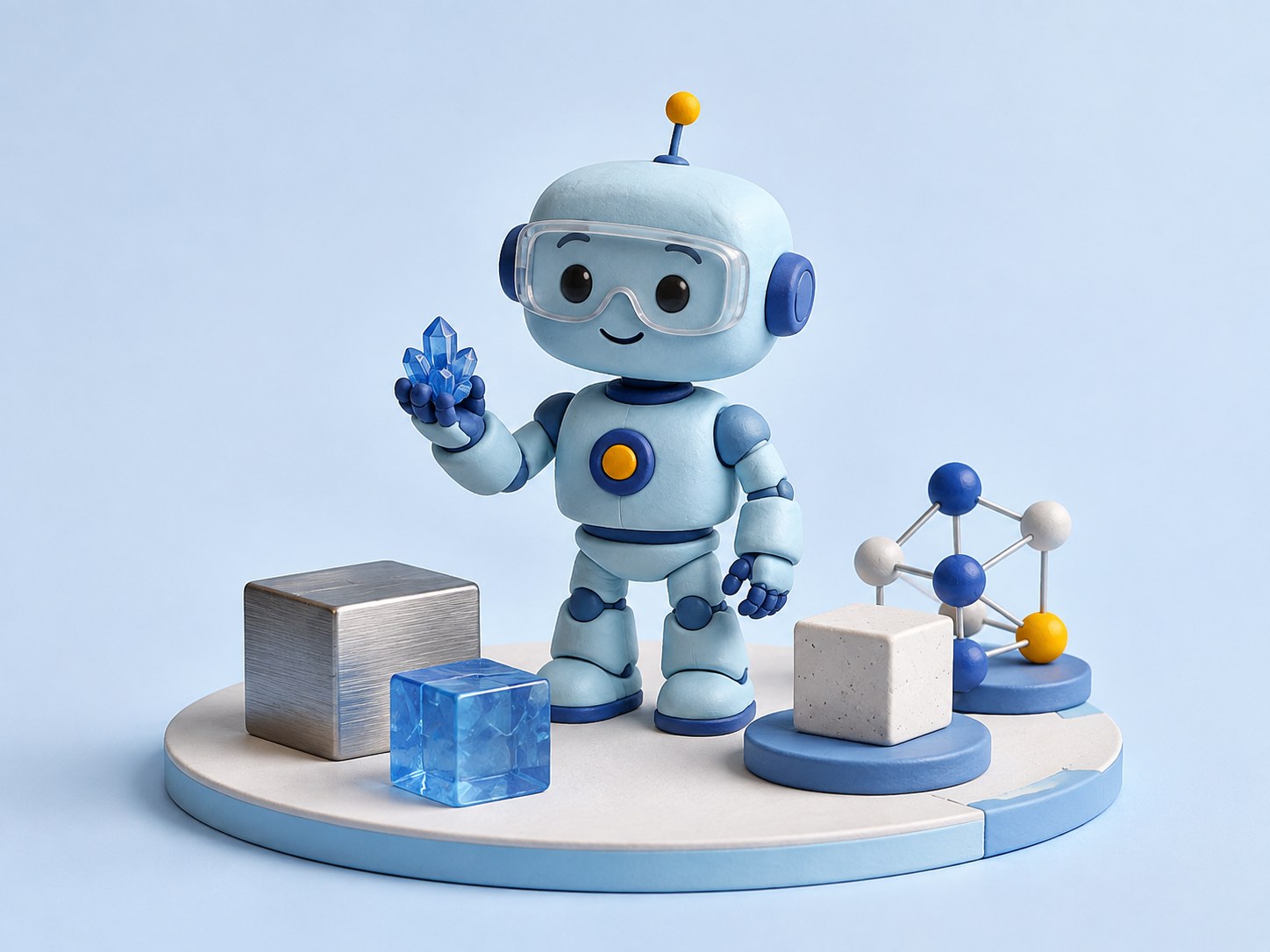 A cheerful blue robot scientist holding a crystal, surrounded by metal, crystal and ceramic samples.